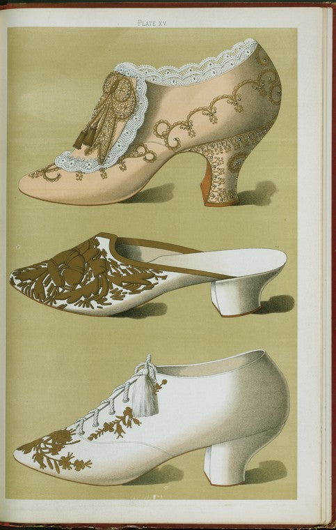 Imperial shoe, with lace, gold embroidery, beadwork, and knot of gold lace and tassels; Algiers slipper with covering of patterned gold; evening "Oxford" shoe