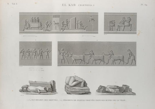 El Kab (Elethyia). 1-4. Bas-reliefs des grottes; 5-7. Fragmens de statues trouvées dans les ruines de la ville.