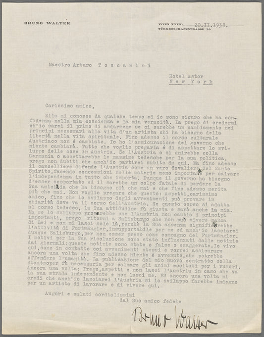 Letter to Arturo Toscanini from Bruno Walter