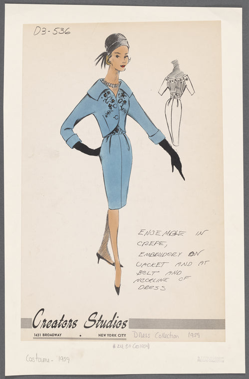 Ensemble in crepe, with embroidery on jacket, belt, and neckline of dress