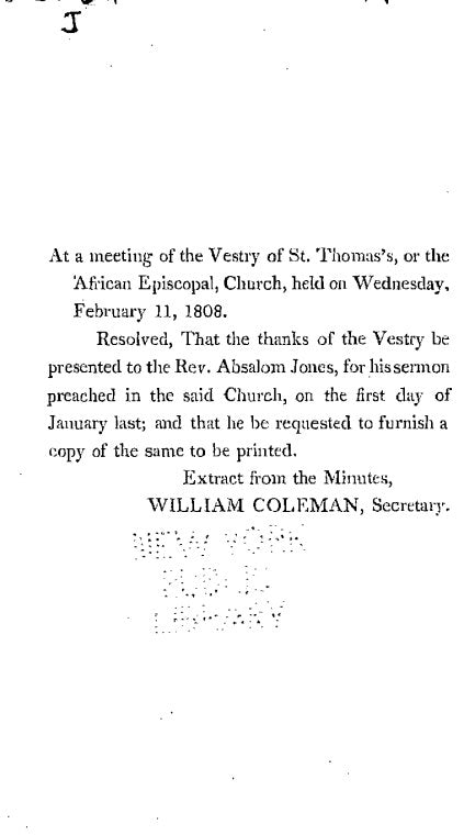 A Thanksgiving sermon: preached January 1, 1808 in St. Thomas's, or the African Episcopal Church, Philadelphia, on account of the abolition of the African slave trade on that day, by the Congress of the U.S. [Microform]