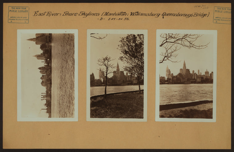 East River - Shore and skyline of Manhattan between East 34th and 49th Streets - Williamsburg and Queensborough Bridges.