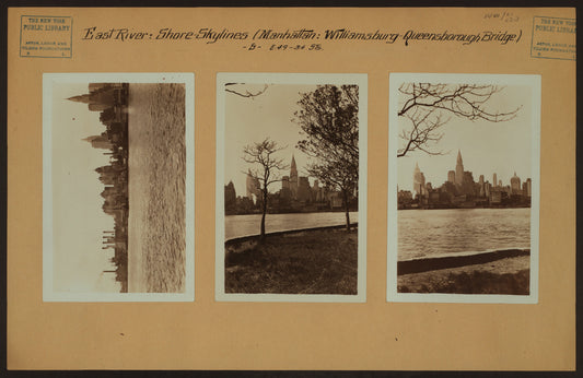 East River - Shore and skyline of Manhattan between East 34th and 49th Streets - Williamsburg and Queensborough Bridges.