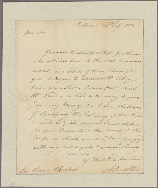 Letter to Eleazar Wheelock, Dartmouth College, Hanover [N. H.]
