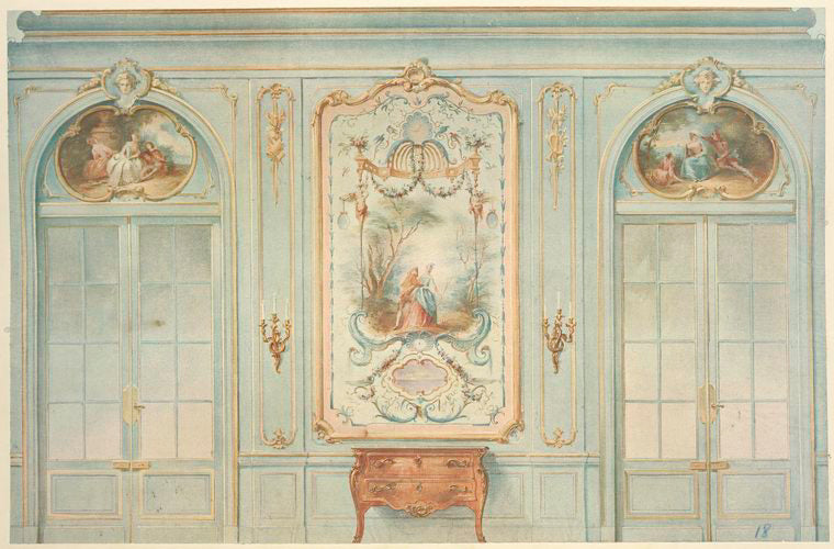 Grand salon Louis XV. Face de portes offrant des peintures....