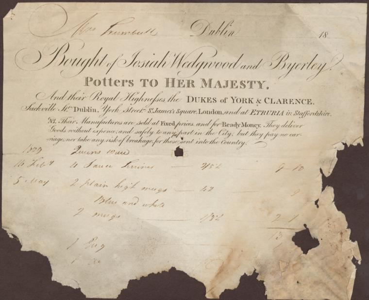 Invoice from Josiah Wedgwood and Byerley: Potters to her Majesty