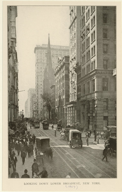 Looking down lower Broadway, New York