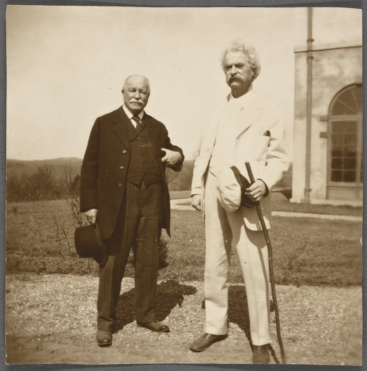 Three photographs of SLC and William Dean Howells at Redding, Connecticut. October 1908. Full length, close up, countryside in background and corner of house.