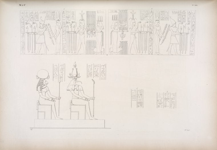 1, 2. Tolomeo-Evergete II e Cleopatra vanno a fare offerte, e li seguono il Nilo Superiore e Inferiore con la dea Egitto-frugifero. (Basamento del pronao di Dakke). 3. Thoth e Tafne [Tefnut].