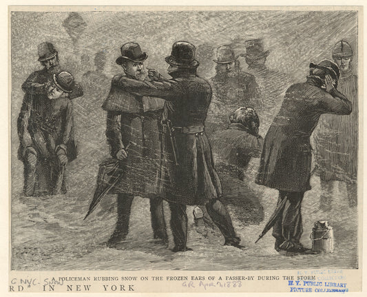 A policeman rubbing snow on the frozen ears of a passer-by during the storm