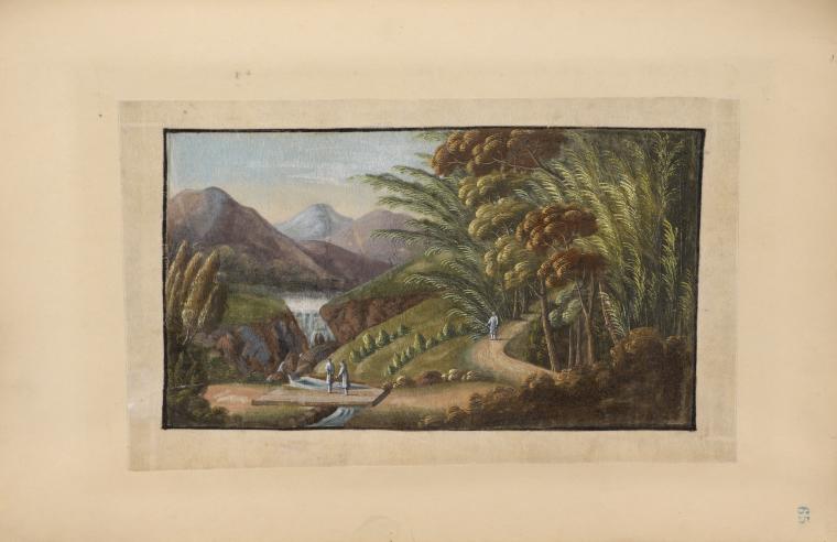 Two people crossing plank bridge over mountain waterfall and stream.