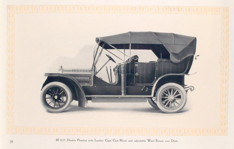 40 h.p. double Phaeton with leather cape cart hood and adjustable wind screen over dash.
