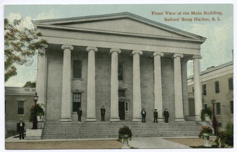 Front View of the Main Building, Sailors' Snug Harbor, Staten Island [people positioned on steps of colonnaded building]