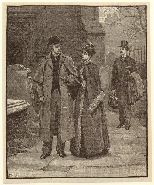 Men and woman dressed in coats walking, United States, 1890s