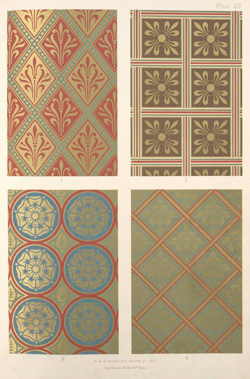 Diaper patterns in gold on rich coloured grounds....
