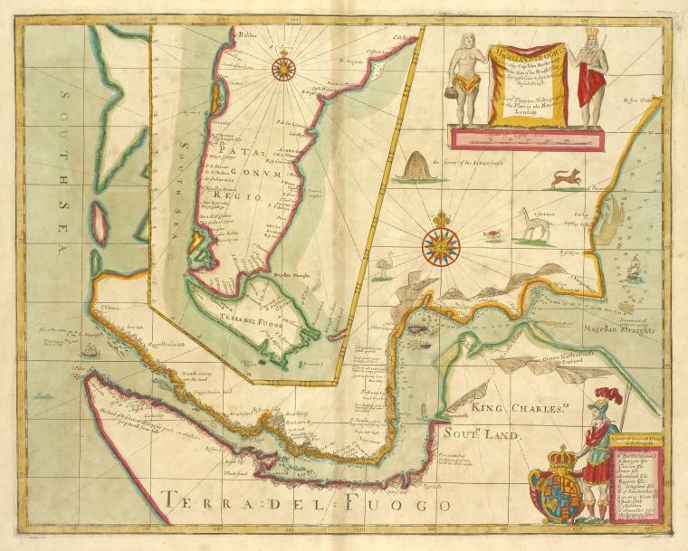 A new mapp of MAGELLAN STRAIGHTS discovered by Capt. John Narbourgh commander then of His Majesty's Ship Sweepstakes as he sayled through sade straights.
