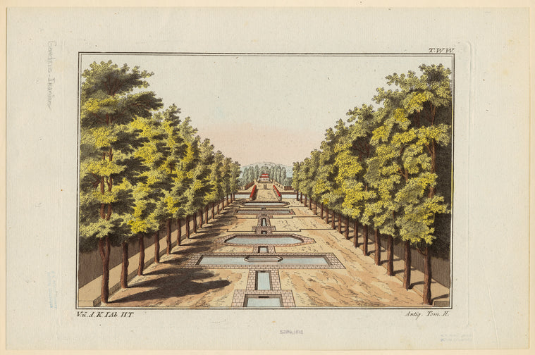 Central garden pools flanked by tree alleys.