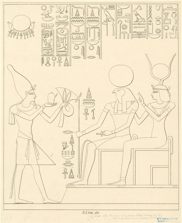 Le roi Horus offre des fleurs au dieu Phré (le soleil) et à la déesse Hathôr