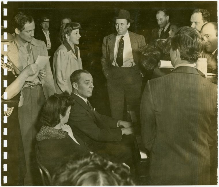 Benay Venuta (Hippolyta), Margot Hopkins [Millham] (rehearsal pianist), Richard Rodgers (music), Richard Kollmar (producer), Dwight Deere Wiman (producer), Johnny Green (musical director) and others at rehearsal for By Jupiter