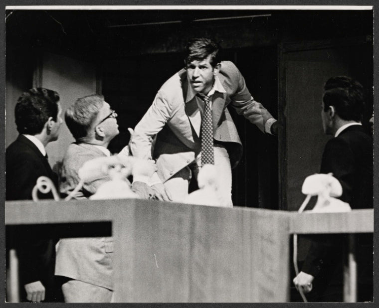 Hiram Sherman [second from left], Tony Roberts [center] and unidentified others in the stage production How Now Dow Jones