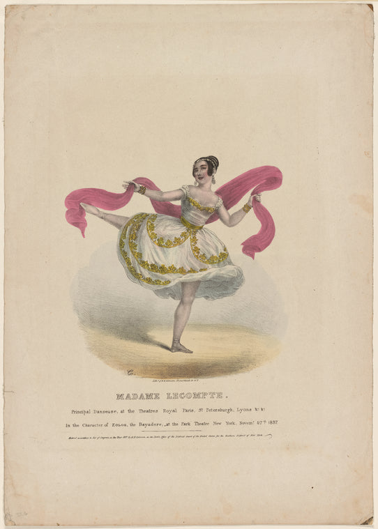 Madame Lecompte, principal danseuse at the Theatres Royal Paris, St. Petersburgh, Lyons &c. &c., in the character of Zoloe, the bayadere, at the Park Theatre New York, Novem'r 27 1837
