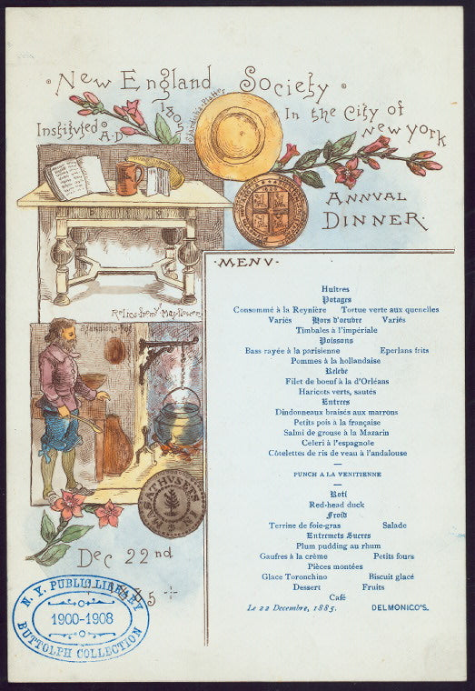 ANNUAL DINNER [held by] NEW ENGLAND SOCIETY IN THE CITY OF NEW YORK [at] "DELMONICO'S, NEW YORK, NY" (REST)