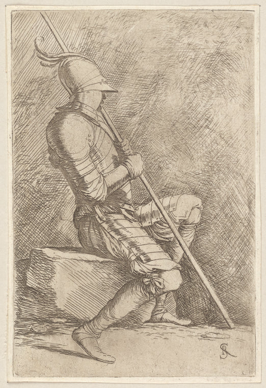 Soldier, Seated, in a Helmet, Holding a Cane