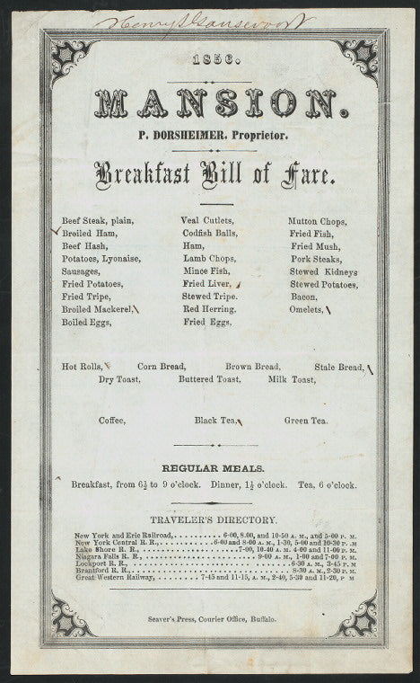 DAILY BREAKFAST [held by] MANSION [at] "[BUFFALO, NY]" ([COFFEE SHOP])