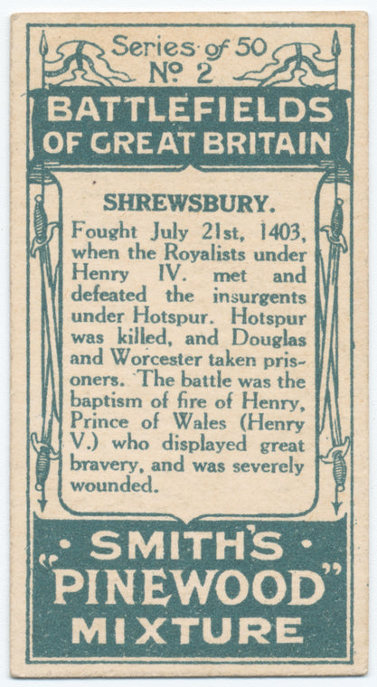 Battle of Shrewsbury [July 21st, 1403]. (Battlefield church under which the slain are buried; a cannon of the period; Hotspur [Henry Percy]; the battlefield.)
