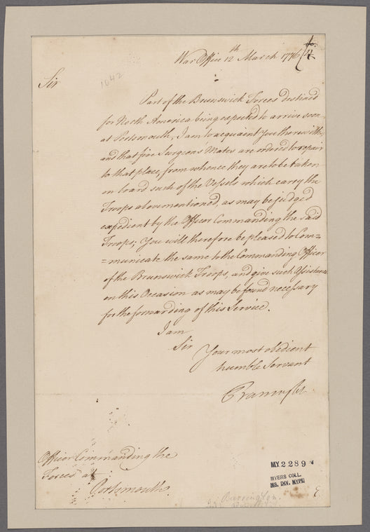 Barrington. War Office. To Officer commanding the forces at Portsmouth