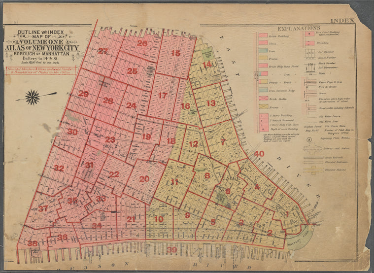 Outline and Index Map of Volume One, Atlas of New York City, Borough of Manhattan. Battery to 14th St.