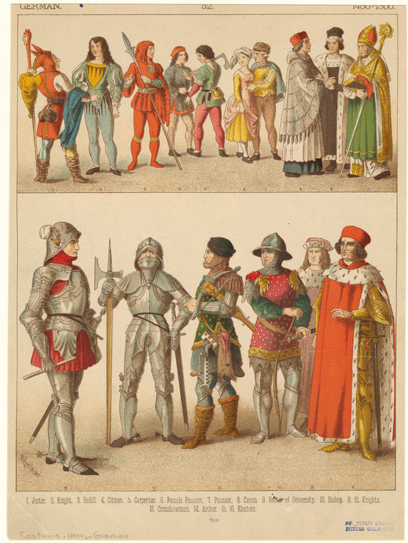 Jester ; Knight ; Bailiff ; Citizen ; Carpenter ; Female peasant ; Peasant ; Canon ; Rector of university ; Bishop ; Knights ; Crossbowman ; Archer ; Electors