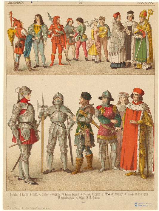 Jester ; Knight ; Bailiff ; Citizen ; Carpenter ; Female peasant ; Peasant ; Canon ; Rector of university ; Bishop ; Knights ; Crossbowman ; Archer ; Electors