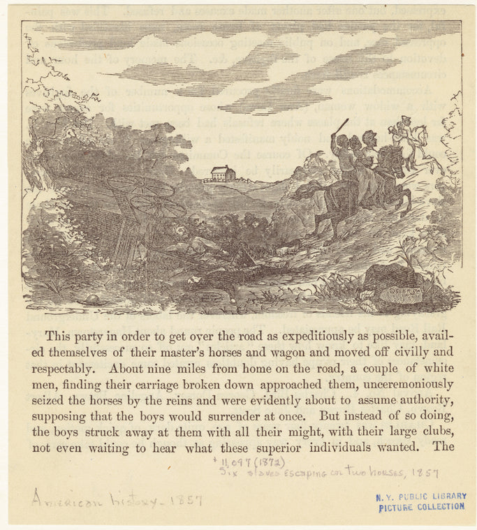 Six slaves escaping on two horses, 1857.aSix slaves escaping on two horses, 1857