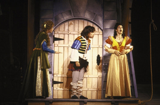 Actors (L-R) Kathleen McNenny, Howard Samuelsohn & Marisa Tomei in a scene fr. the New York Shakespeare Festival production of the play "Comedy of Errors" at the Delacorte Theater in Central Park. (New York)