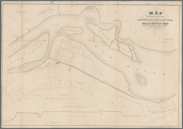 Map showing the location of the Louisville and Portland Canal at the Falls of the Ohio : with the enlargement and extension as proposed by Edward Watts, c.e., Nov. 1856