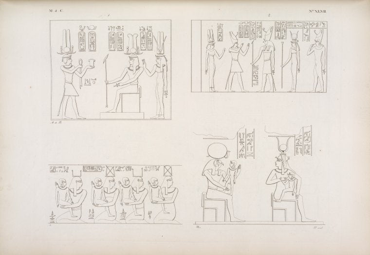 Tolomeo-Evergete II fa offerte a'suoi antenati Tolomeo e Berenice.--Tolomeo e Berenice offrono ad Har-Hat, Athyr e Horus.--(Tifonio di Edfu): Quattro deita che portano quattro divini fanciulli. Iside allatta un fanciullo, e Phre lo tiene in braccio.