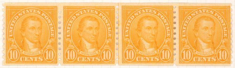 10c orange James Monroe strip of four