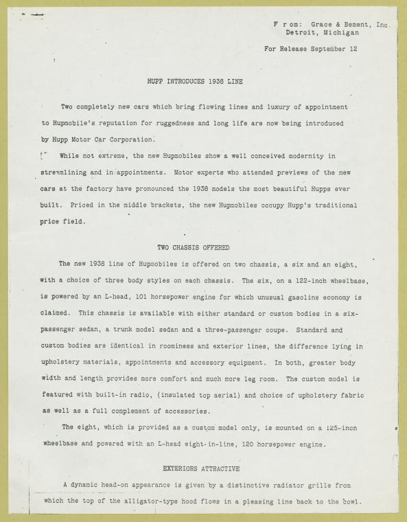 Hupp introduses 1938 line. (News release September 12, 1938)