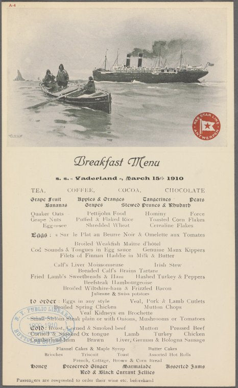 Breakfast Menu, Red Star Line S.S. Vaderland