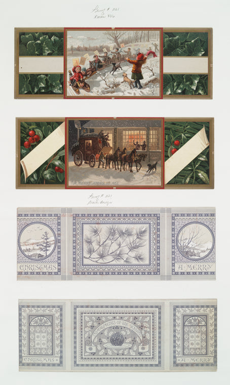 Christmas cards depicting winter scenes and lanscapes ; children on sleigh ; horse-drawn carriage.