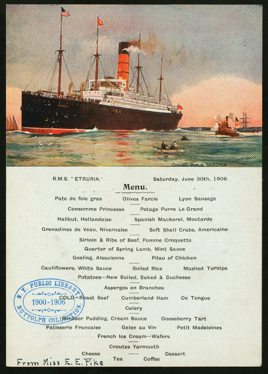 DAILY MENU [held by] CUNARD STEAM SHIP COMPANY LIMITED [at] "ABOARD R.M.S. ""ETRURIA""" (SS;)