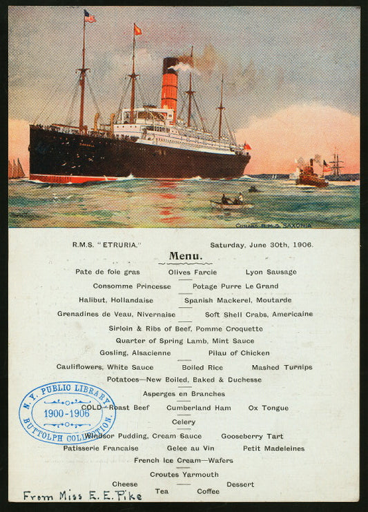 DAILY MENU [held by] CUNARD STEAM SHIP COMPANY LIMITED [at] "ABOARD R.M.S. ""ETRURIA""" (SS;)