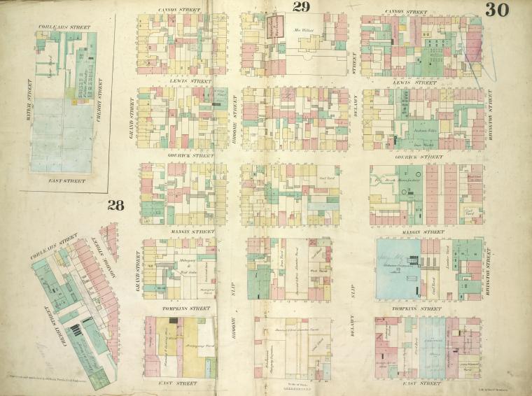 Plate 30: Map bounded by Cannon Street, Rivington Street, East Street, Cherry Street, Corlears Street, Grand Street; Including Lewis Street, Goerick Street, Mangin Street, Tompkins Street, Monroe Street, Broome Street, Delancy Street, Delancy Slip