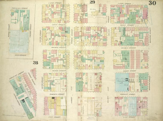 Plate 30: Map bounded by Cannon Street, Rivington Street, East Street, Cherry Street, Corlears Street, Grand Street; Including Lewis Street, Goerick Street, Mangin Street, Tompkins Street, Monroe Street, Broome Street, Delancy Street, Delancy Slip