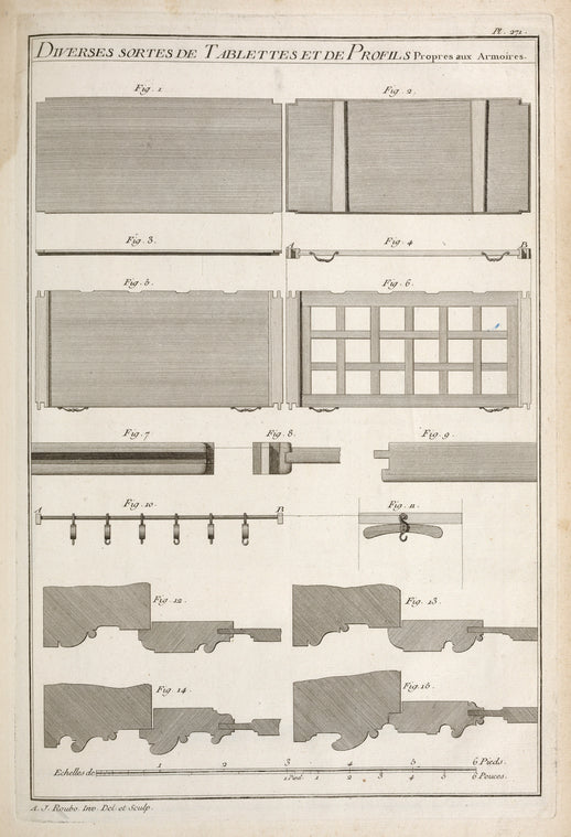 Diverses sortes de tablettes et de profils propres aux armoires.