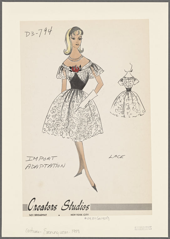 Knee-length wide white lace dress with Sabrina neckline, black bodice effect, fabric rose at center of collar