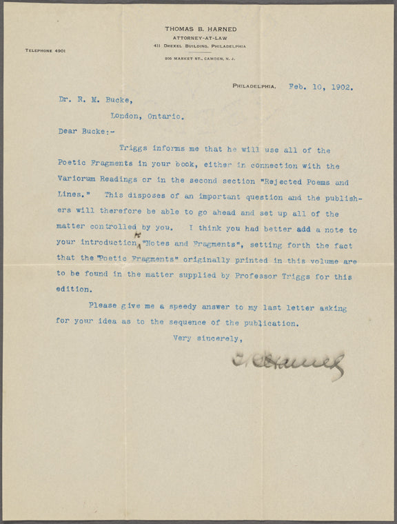 Harned, Thomas B. TLS to R. M. Bucke.  Feb. 10, 1902.