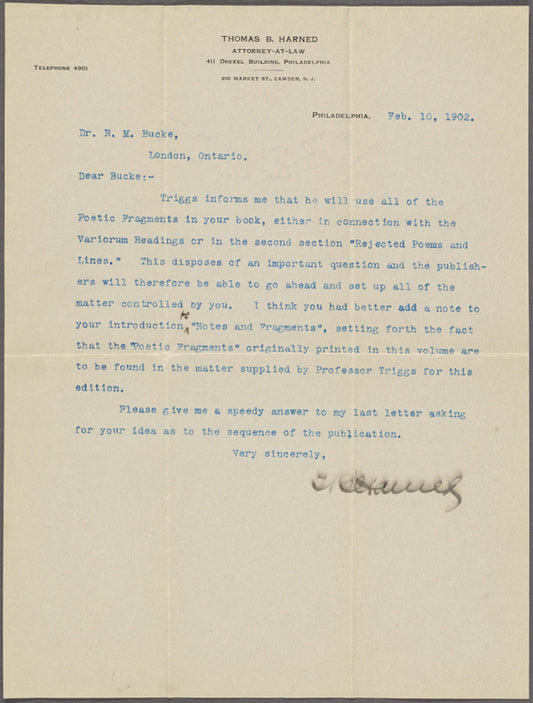 Harned, Thomas B. TLS to R. M. Bucke.  Feb. 10, 1902.