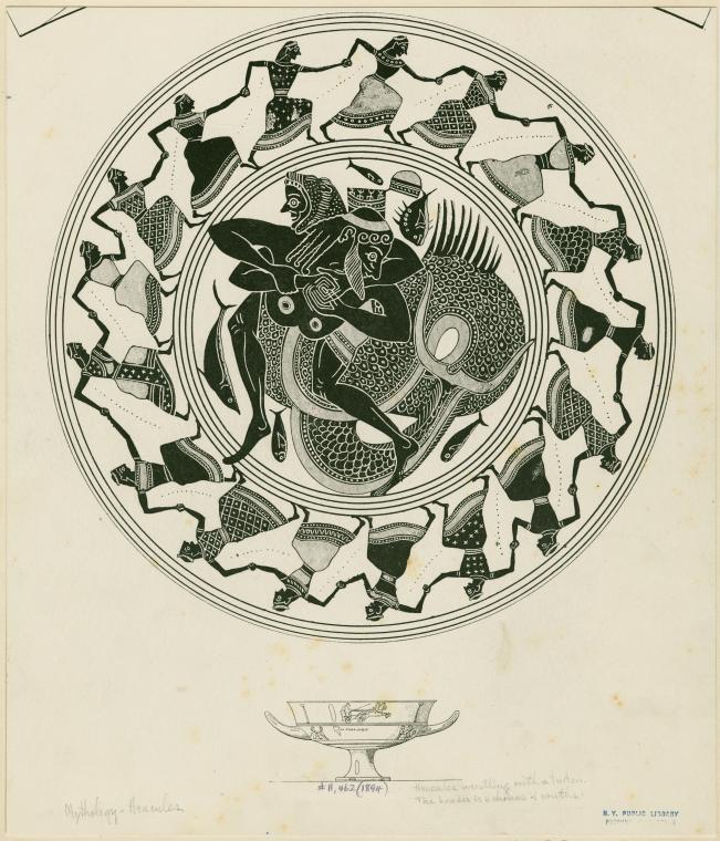 Kylix depicting Hercules wrestling with Triton